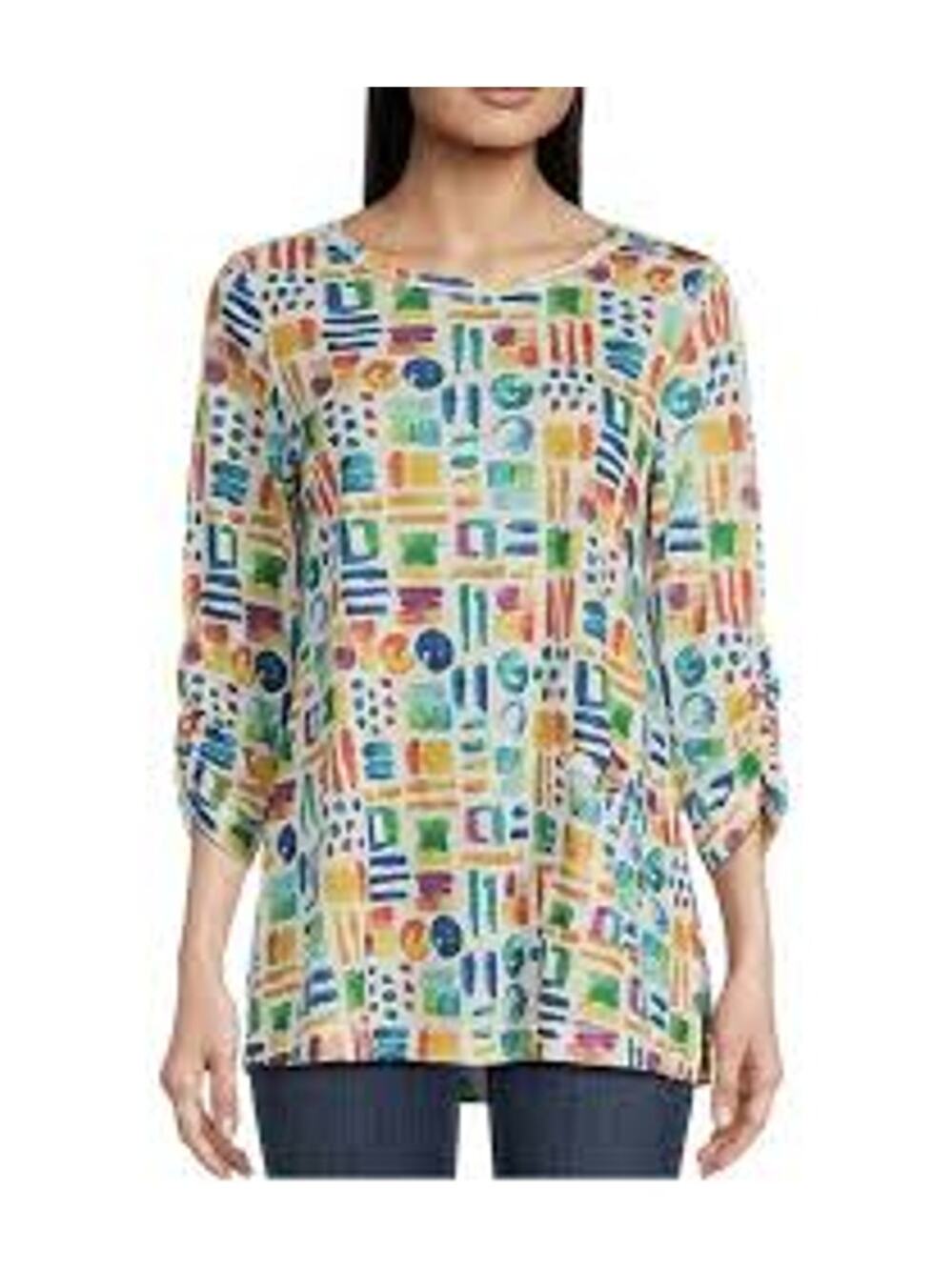 Ali Miles Womens Size Medium Artsy Abstract Print Tunic Shirt 3/4 Ruched Sleeve